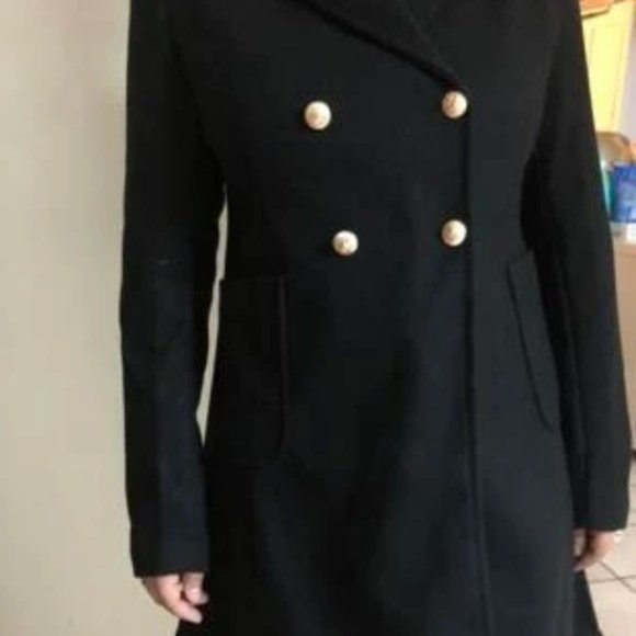 Double Breasted Lapel Collar Button Up pocketed Overcoat Black - Picture 6 of 9